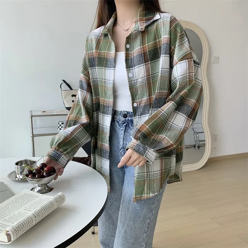 Camicia a quadri donna autunno 2025 – camicia manica lunga stile preppy vintage, taglio loose, single-breasted