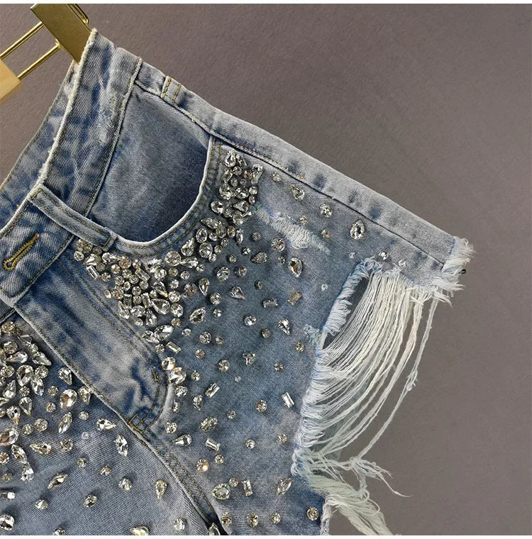Shorts jeans donna Y2K vita alta con strass e frange – Primavera 2025