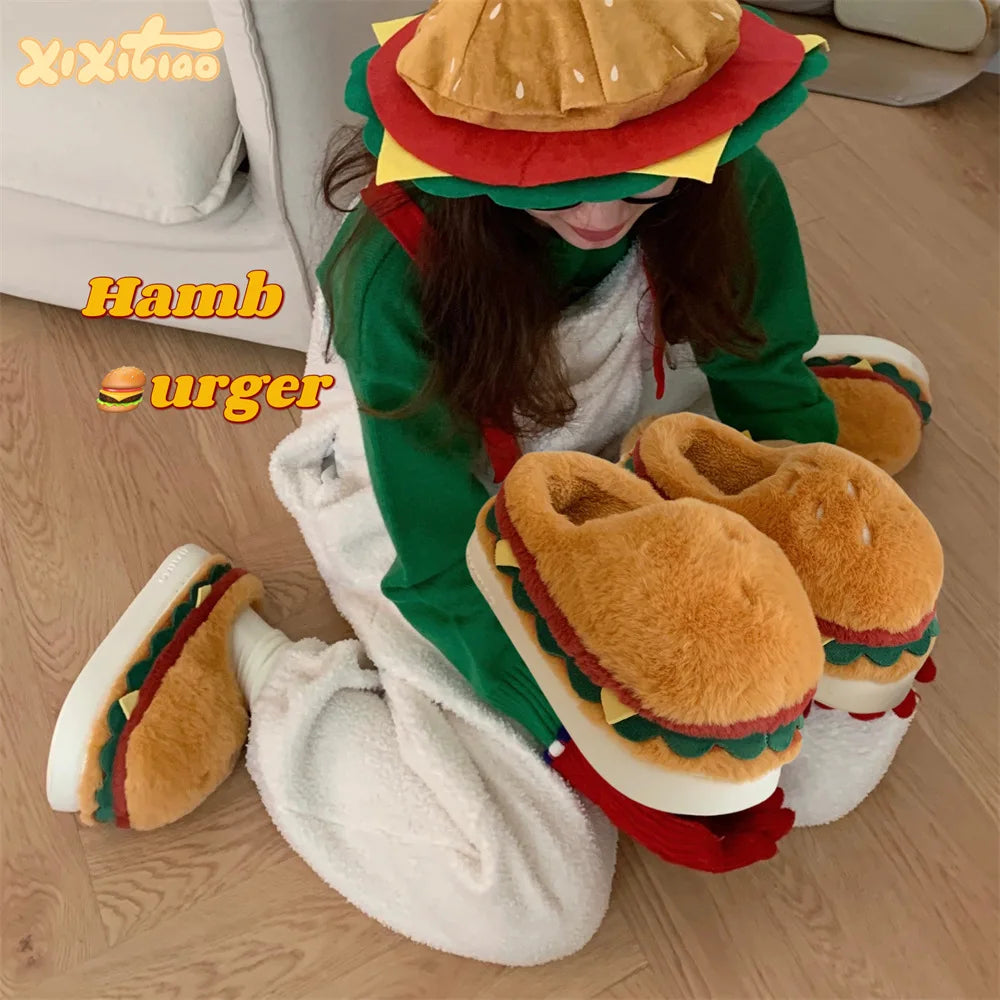 2026 new style autumn and winter fun home cotton slippers couple cute hamburger full-covered heel fuzzy shoes warm men and women