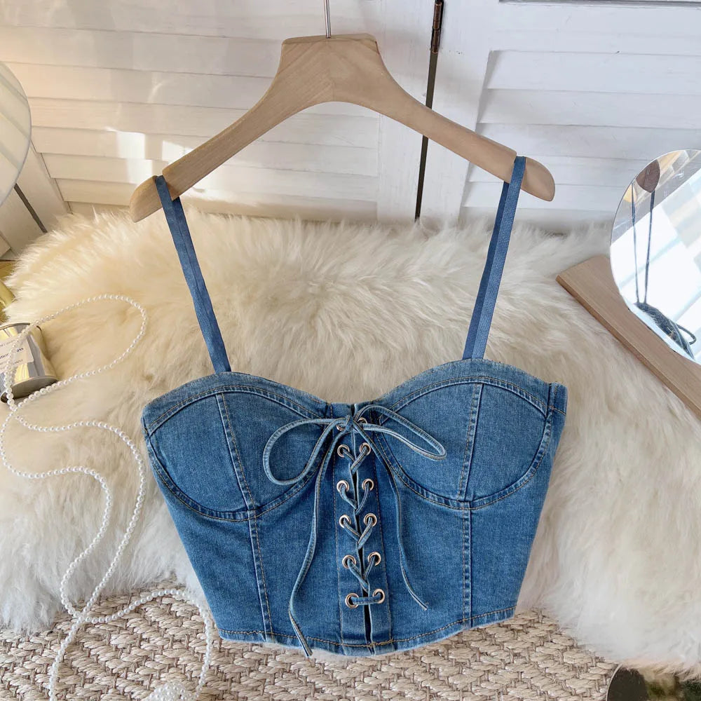 Top Denim Corsetto con Reggiseno Integrato – Crop Top Donna