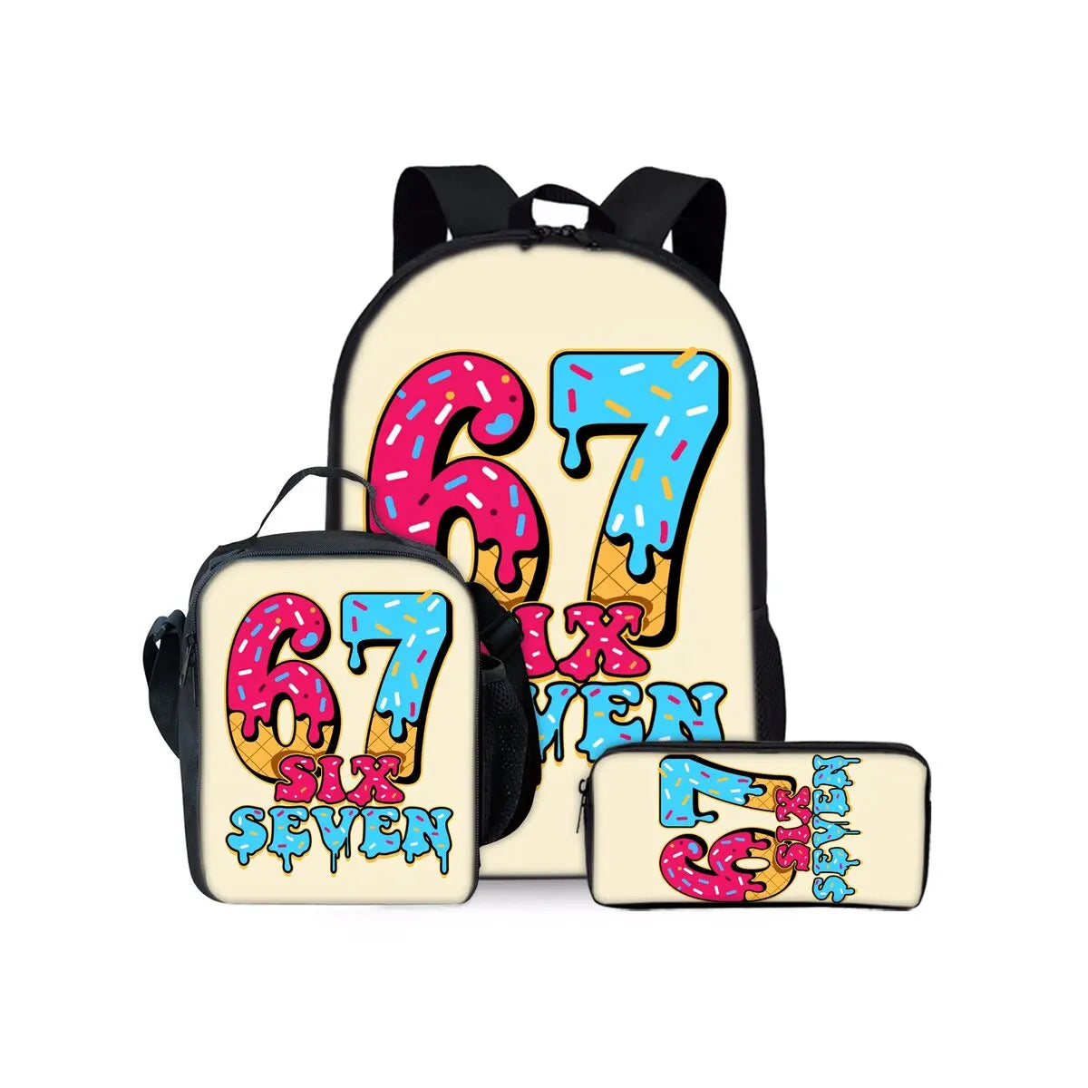 New Colorful Number 67 Print Three Piece Set Backpacks for Boy and Girls Best Gifts 2D Flat Cartoon School Bag for Children