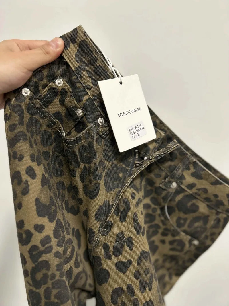 Jeans baggy vita alta leopardato donna – pantaloni oversize Y2K da strada con tasche casual