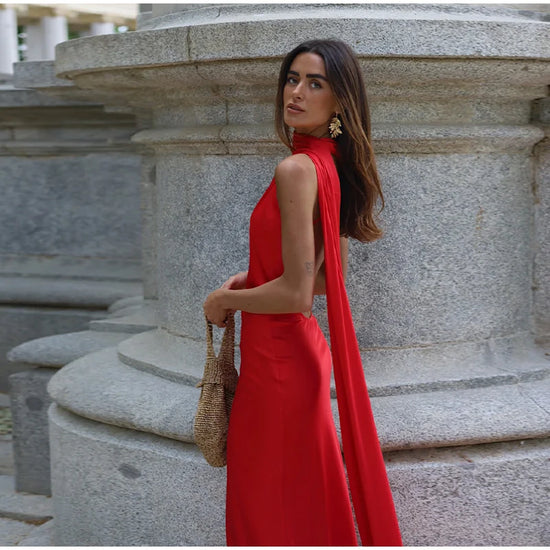 Abito da sera in raso con fiocco per donna – abito elegante schiena scoperta