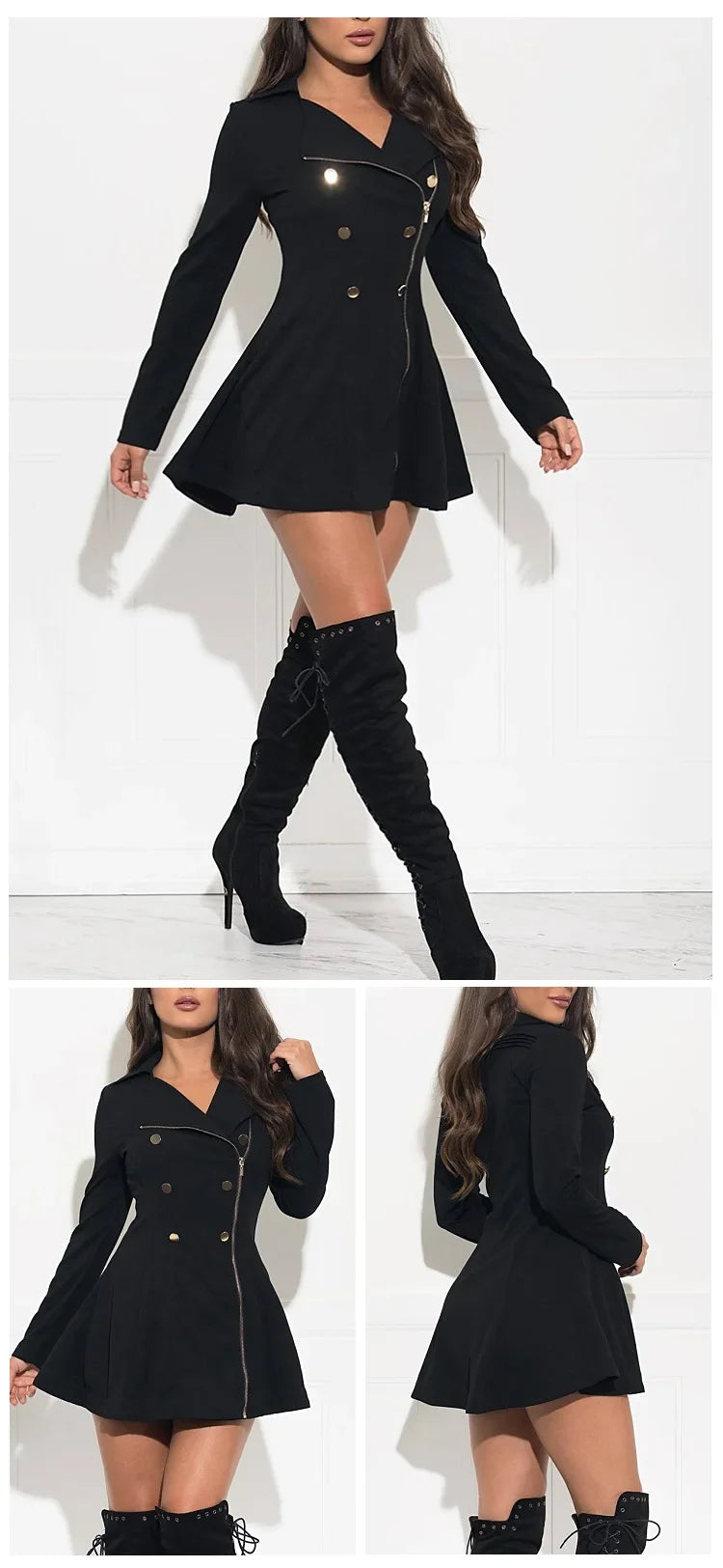Trench nero donna con zip e doppiopetto – giacca lunga stile Y2K per autunno/inverno 2025