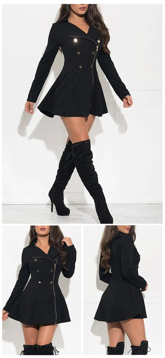 Trench nero donna con zip e doppiopetto – giacca lunga stile Y2K per autunno/inverno 2025