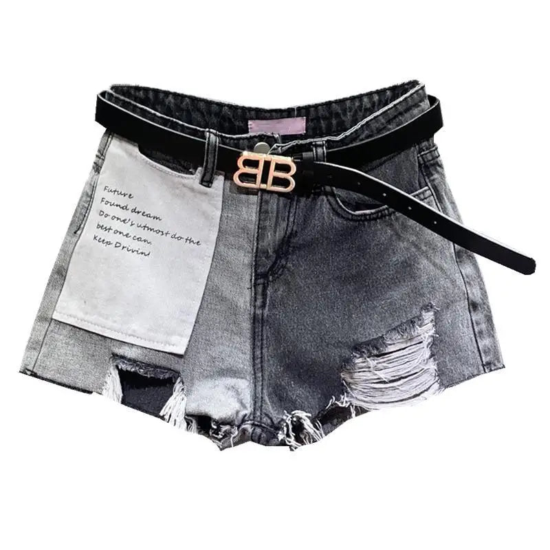 Denim shorts donna estate 2025 bicolore – vita alta, gamba larga, grafica e strappi – look urbano e trendy