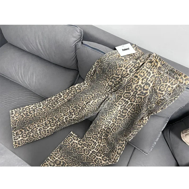 Jeans baggy vita alta leopardato donna – pantaloni oversize Y2K da strada con tasche casual