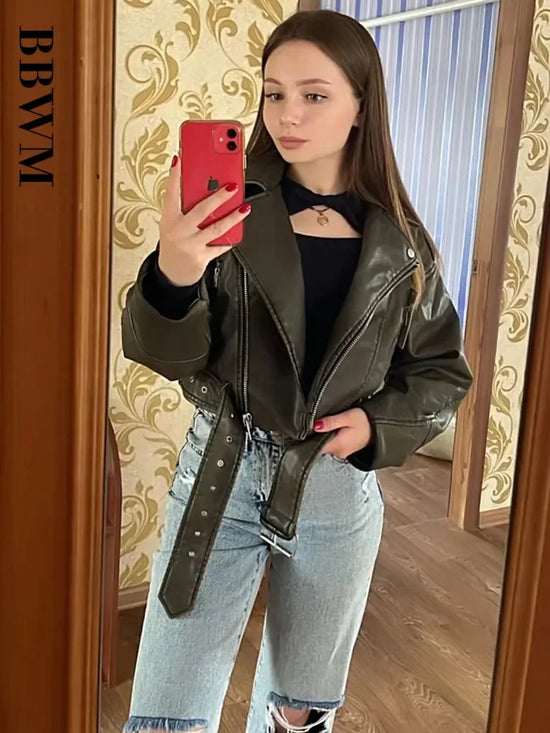 Giacca oversize in ecopelle da donna con cintura – bomber biker vintage streetwear