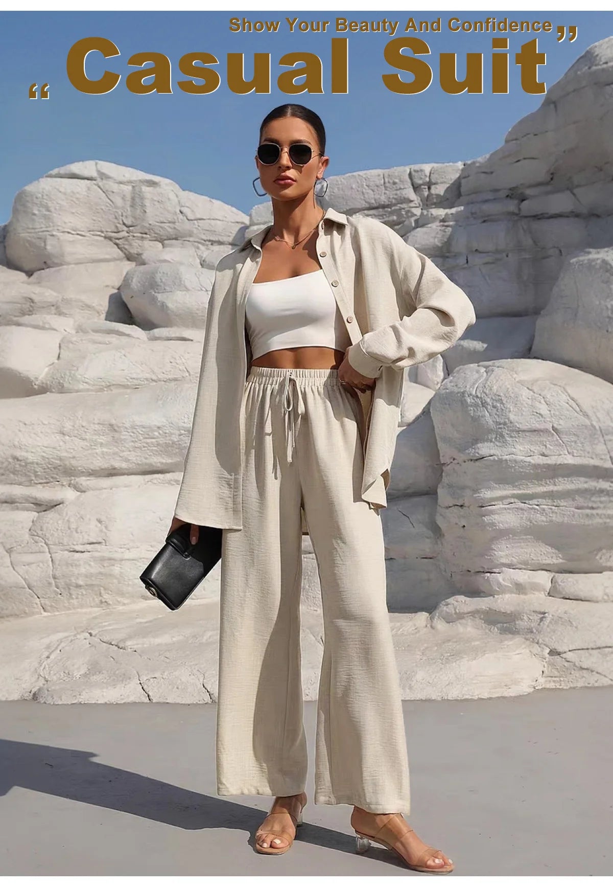 Set donna primavera–estate 2025 – camicia con bottoni e pantaloni wide-leg a vita alta