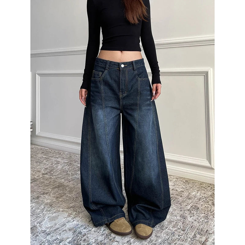 Jeans baggy wide leg donna Y2K – modello retrò vita alta in denim blu oversize 2025