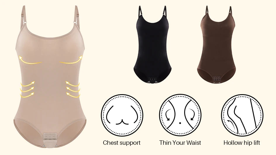 Body modellante a compressione senza cuciture per donna con spalline regolabili – nude, nero, marrone