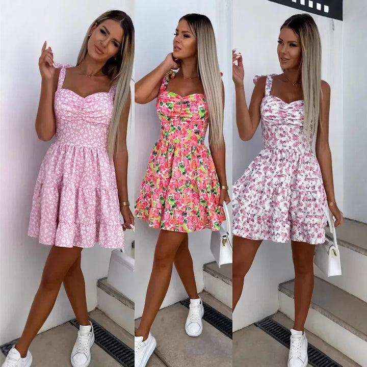 Abito mini estivo 2025 con stampa, scollo halter, spalline regolabili – Vestito donna fresco e unico