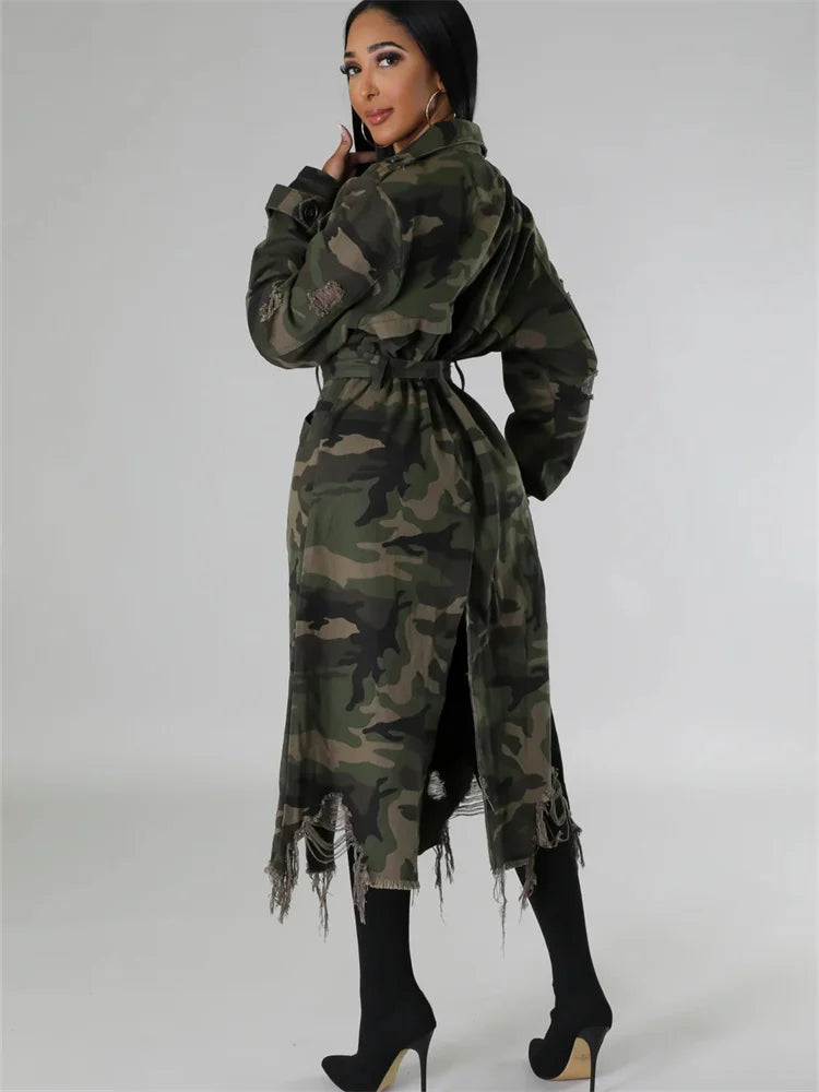Trench camouflage oversize da donna | stile streetwear, lungo e ripped – taglie S-2XL