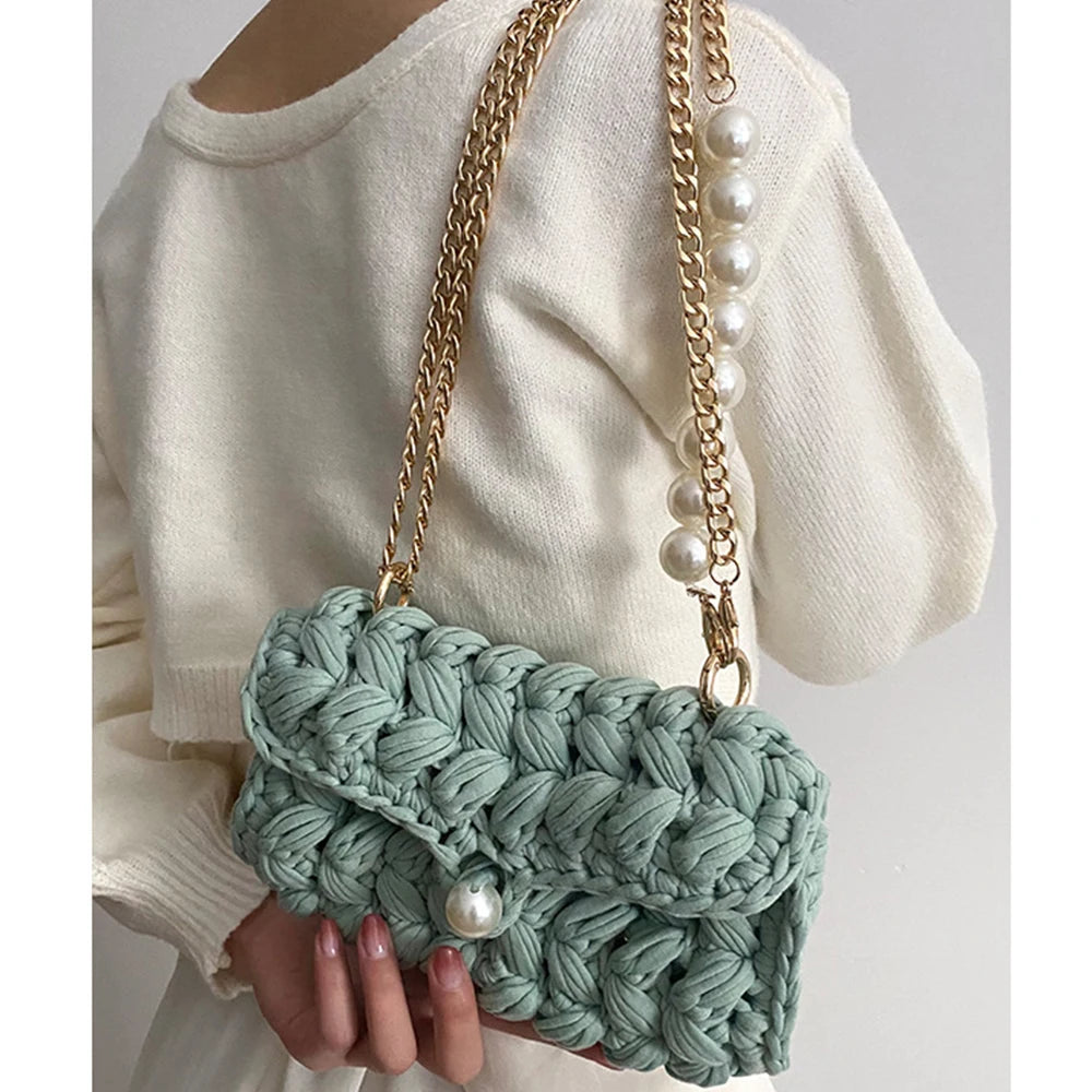 Borsa Donna Crochet a Spalla Uncinetto con Perle e Catena – Design Crossbody