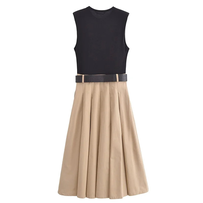 Vestito midi estivo senza maniche con cintura – elegante e plissettato