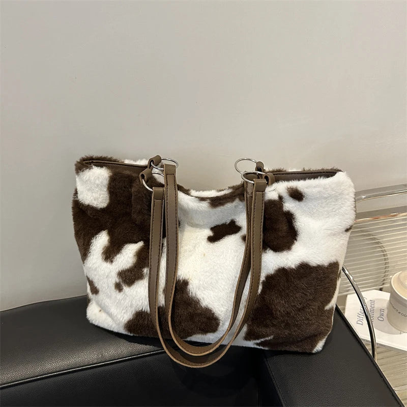Borsa in Ecopelliccia Donna Animalier Mucca – Grande Capacità a spalla