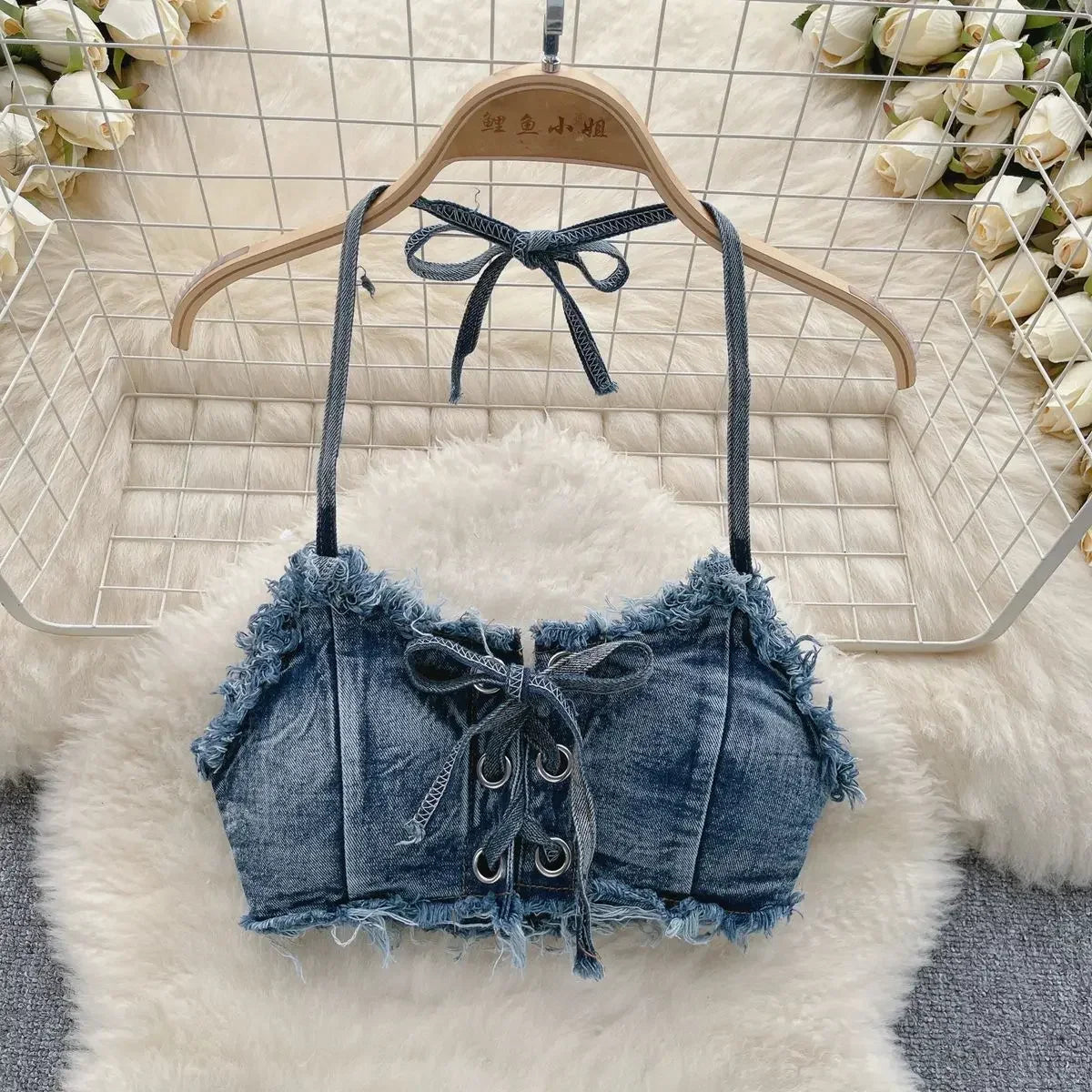 Set bikini donna 2025 con top bra e shorts a vita alta in denim