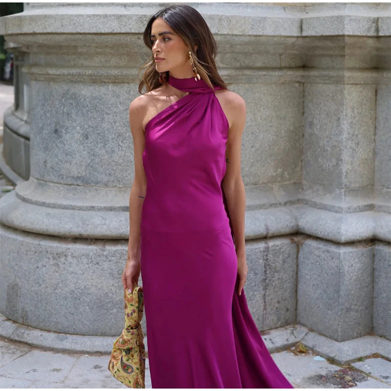 Abito da sera in raso con fiocco per donna – abito elegante schiena scoperta