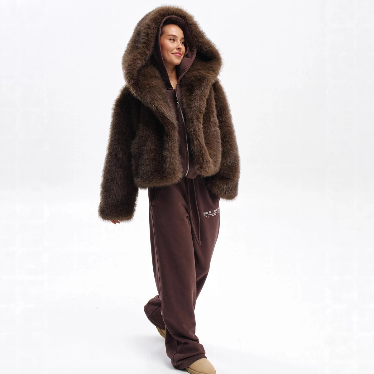 Pelliccia sintetica donna marrone con cappuccio