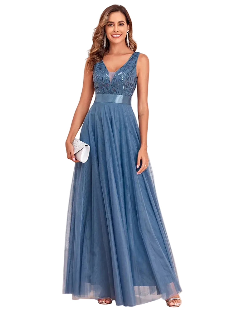 Abito Lungo Elegante Donna con Paillettes – Vestito Cerimonia Matrimonio e Damigella