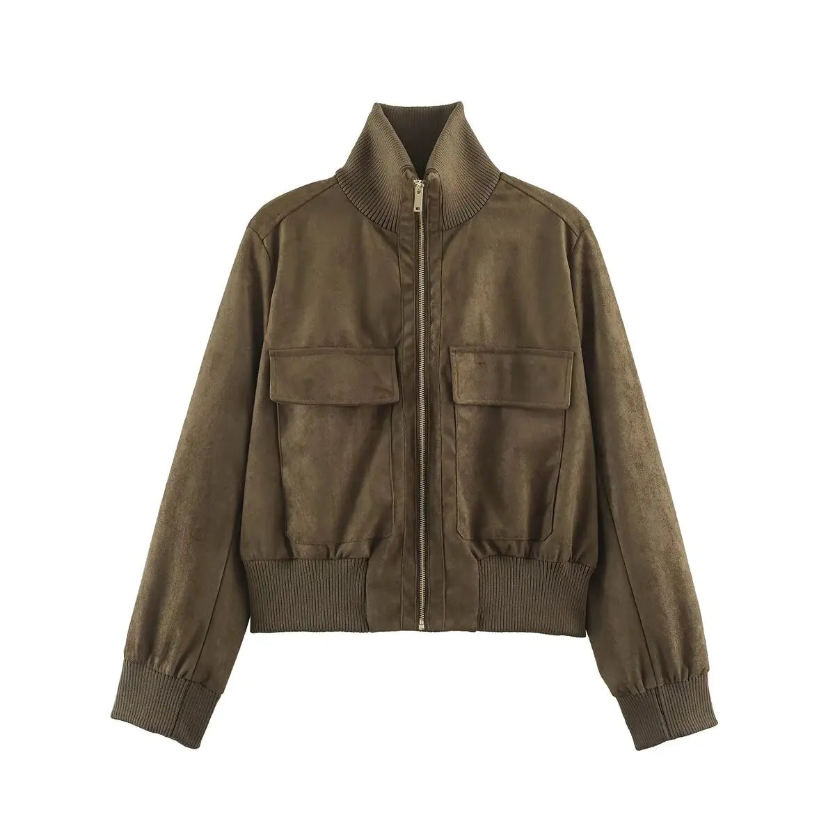 Giacca donna con grandi tasche, zip e collo alto - Verde militare