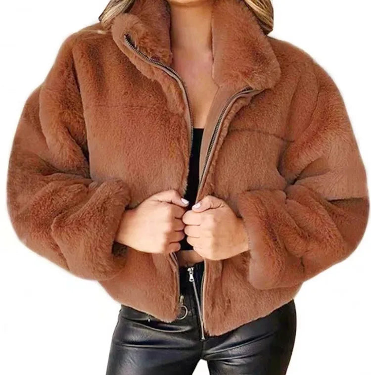 Cappotto corto donna in peluche oversize 2025 – cardigan faux fur con zip, caldo inverno cosy & fashion