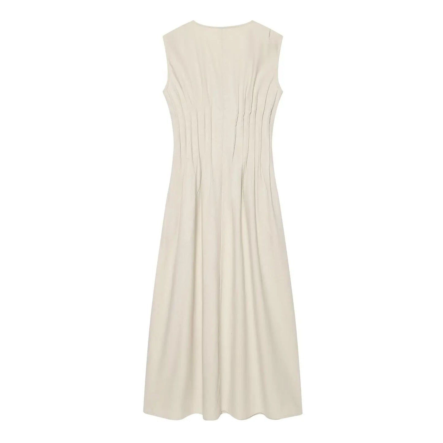Abito Donna in Lino e Cotone – Vestito Beige Estivo con Scollo a V