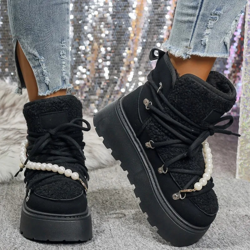 Stivali da neve donna invernali pelliccia – short boots imbottiti lamb-fur, punta tonda, stile retrò per città e montagna