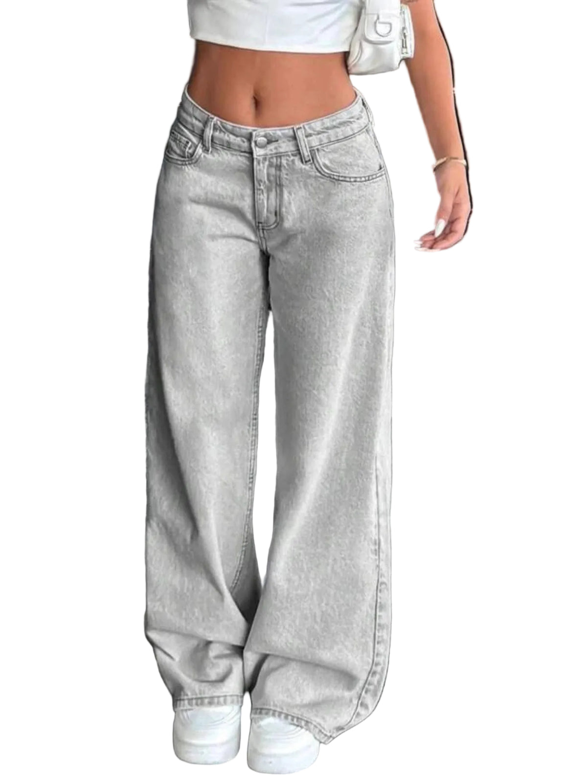 Jeans Wide Leg Donna Grigio Lavato a Vita Media