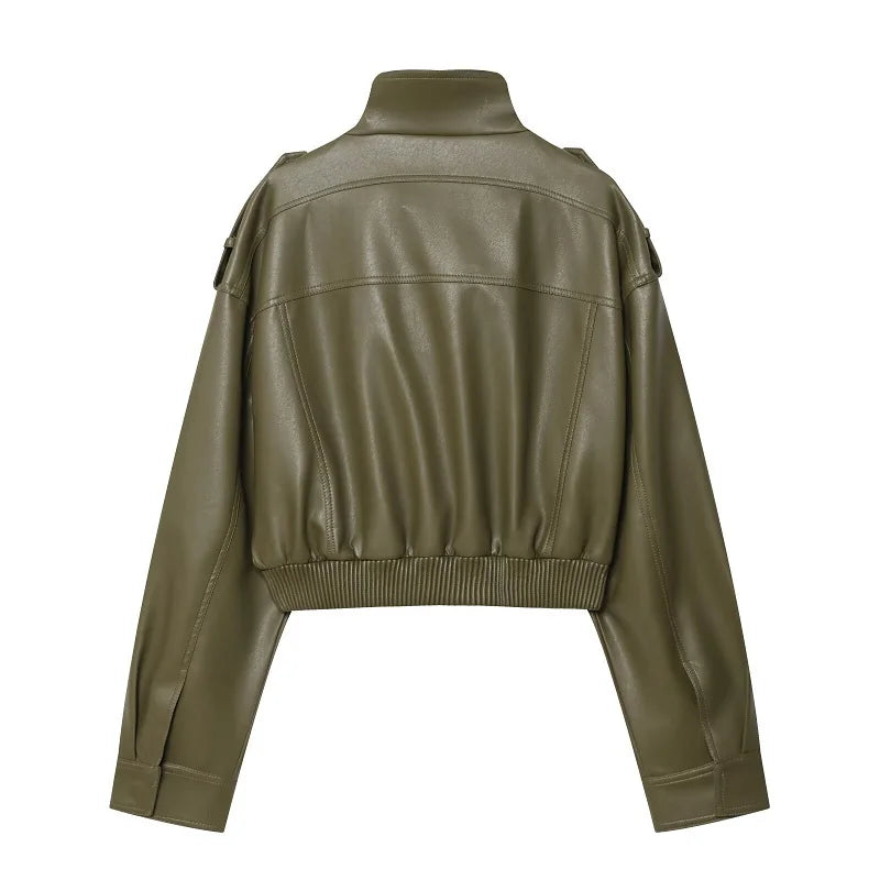 Giacca Bomber Donna Corta Effetto Pelle con Zip e Collo Alto