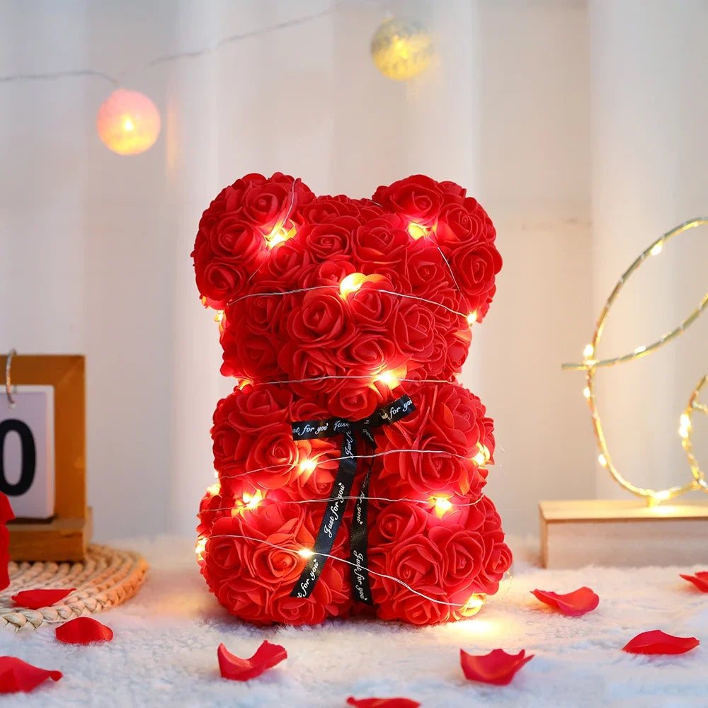 Orsetto di Rose Artificiali 25 cm con Scatola – Regalo Romantico San Valentino