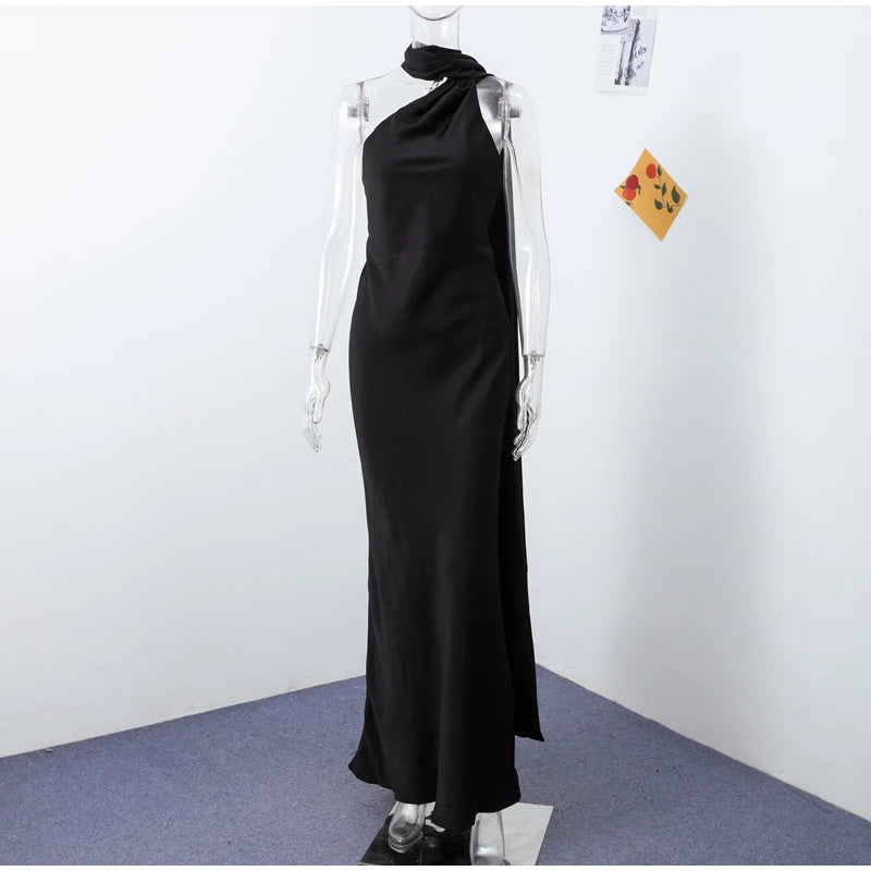 Abito da sera in raso con fiocco per donna – abito elegante schiena scoperta