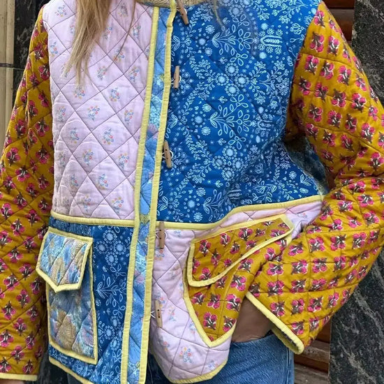 Giacca imbottita donna vintage patchwork floreale – Cappotto cotone con imbottitura, stile casual e warm streetwear