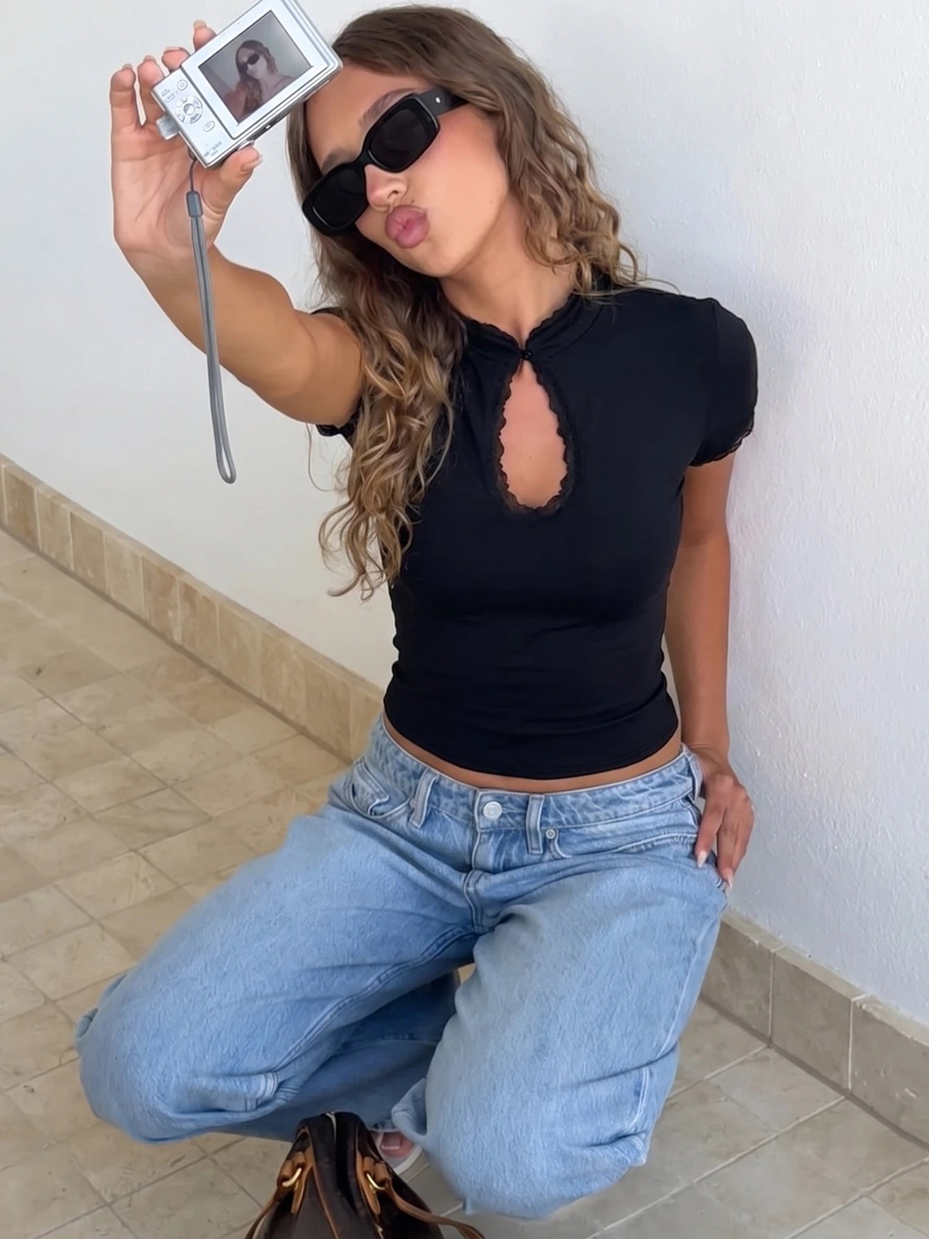 Dulzura O-Neck Short Sleeve Hollow Out Lace Ruffle Patchwork T-Shirt Women'S Solid Sexy Casual Y2K Top Party Club Street Clothes