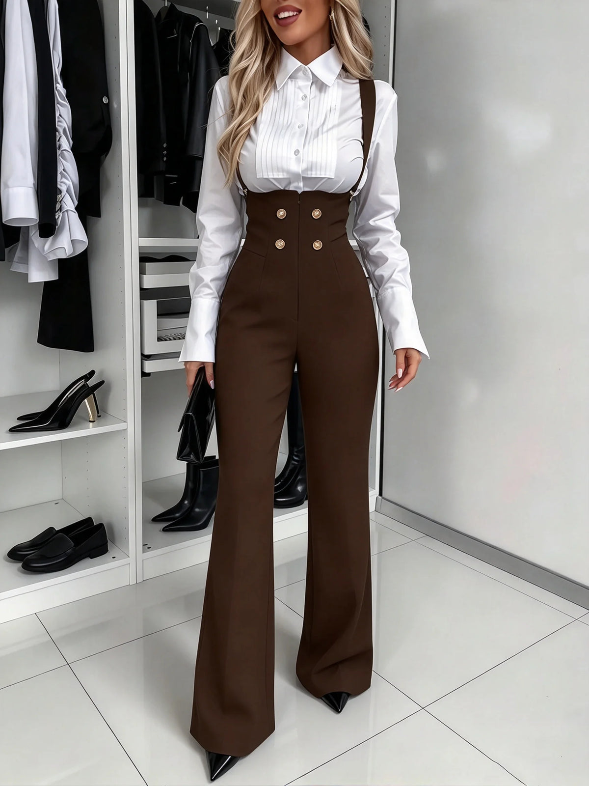 Pantaloni donna marroni a gamba larga con bretelle