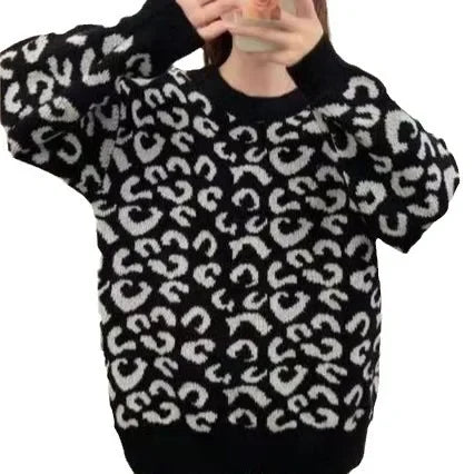 Pullover spesso jacquard 2025 donna – Maglione con fantasia leopard per autunno/inverno