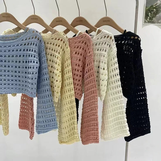 Top a manica lunga in maglia crochet donna –  boho chic trasparente