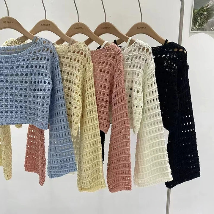 Top a manica lunga in maglia crochet donna –  boho chic trasparente