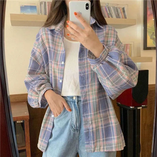 Camicia a quadri donna autunno 2025 – camicia manica lunga stile preppy vintage, taglio loose, single-breasted