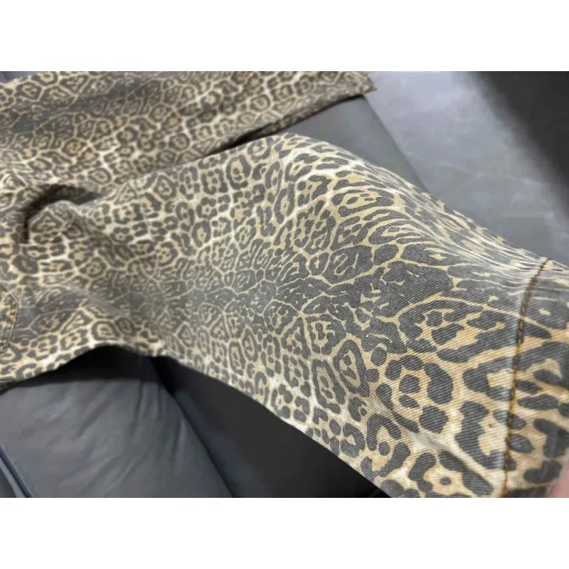 Jeans baggy vita alta leopardato donna – pantaloni oversize Y2K da strada con tasche casual