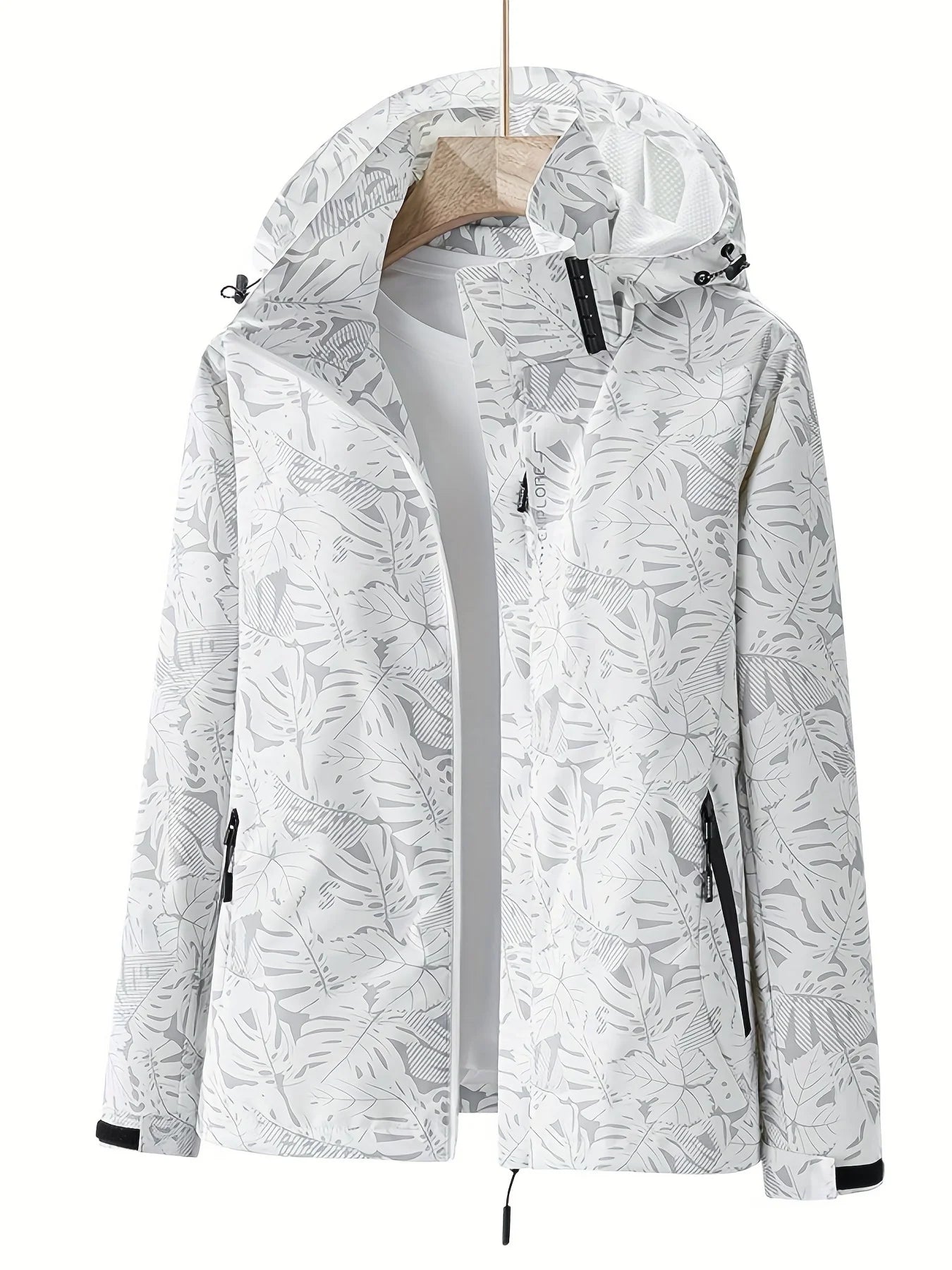 Giacca running donna con stampa foglia, cappuccio staccabile – antivento, waterproof e versatile per hiking