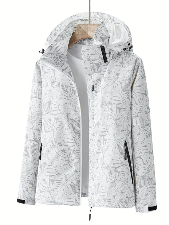 Giacca running donna con stampa foglia, cappuccio staccabile – antivento, waterproof e versatile per hiking
