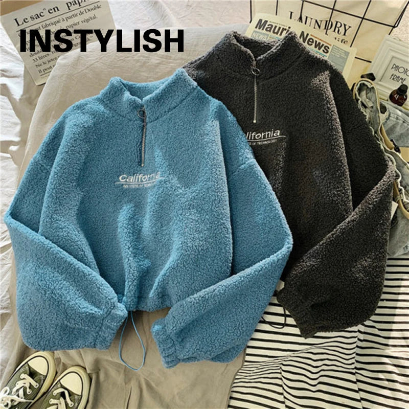 Felpa donna in pile con collo alto, zip e coulisse