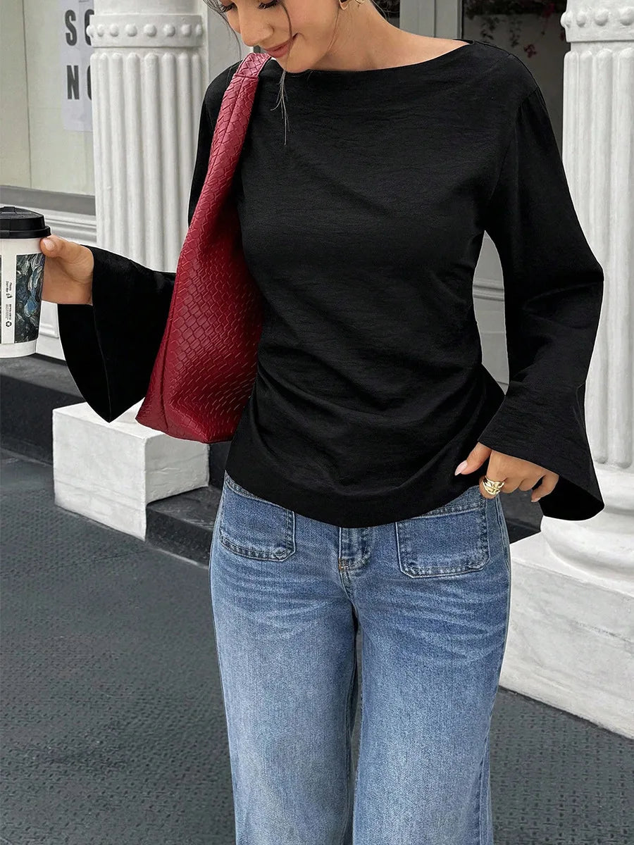 Maglia nera manica lunga con cappuccio da donna – stile elegante per pendolarismo, primavera/autunno, colore puro, poliestere, scollo rotondo