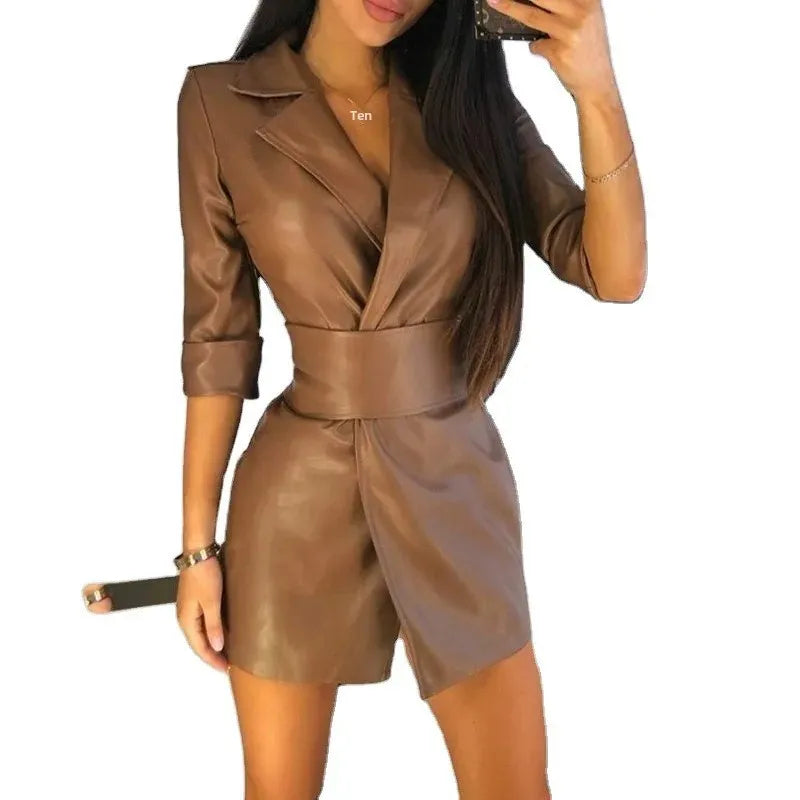 Cappotto in PU leather da donna 2025 – giacca long con cintura, stile elegante per autunno/inverno