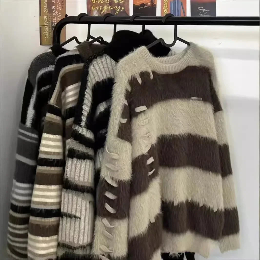 Maglione in “faux mink” righe e color block – Pullover oversize autunno/inverno morbido e fashion donna
