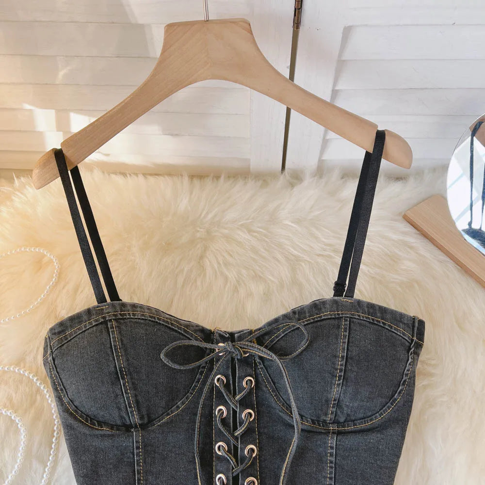 Top Denim Corsetto con Reggiseno Integrato – Crop Top Donna