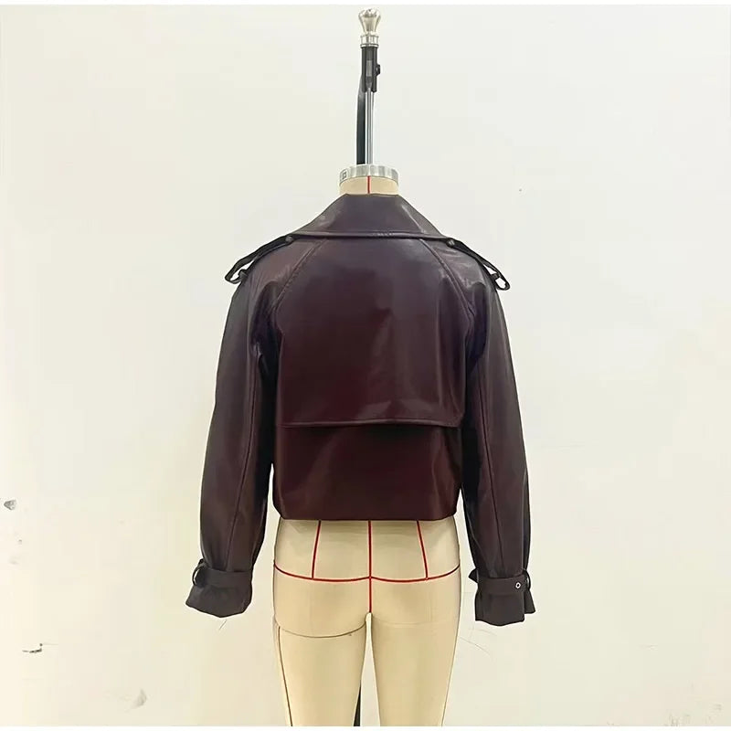 Giacca bomber donna marrone vintage con collo a rever, cintura e zip ‒ outerwear street chic autunno/inverno 2025