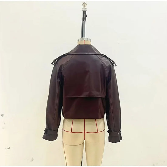 Giacca bomber donna marrone vintage con collo a rever, cintura e zip ‒ outerwear street chic autunno/inverno 2025