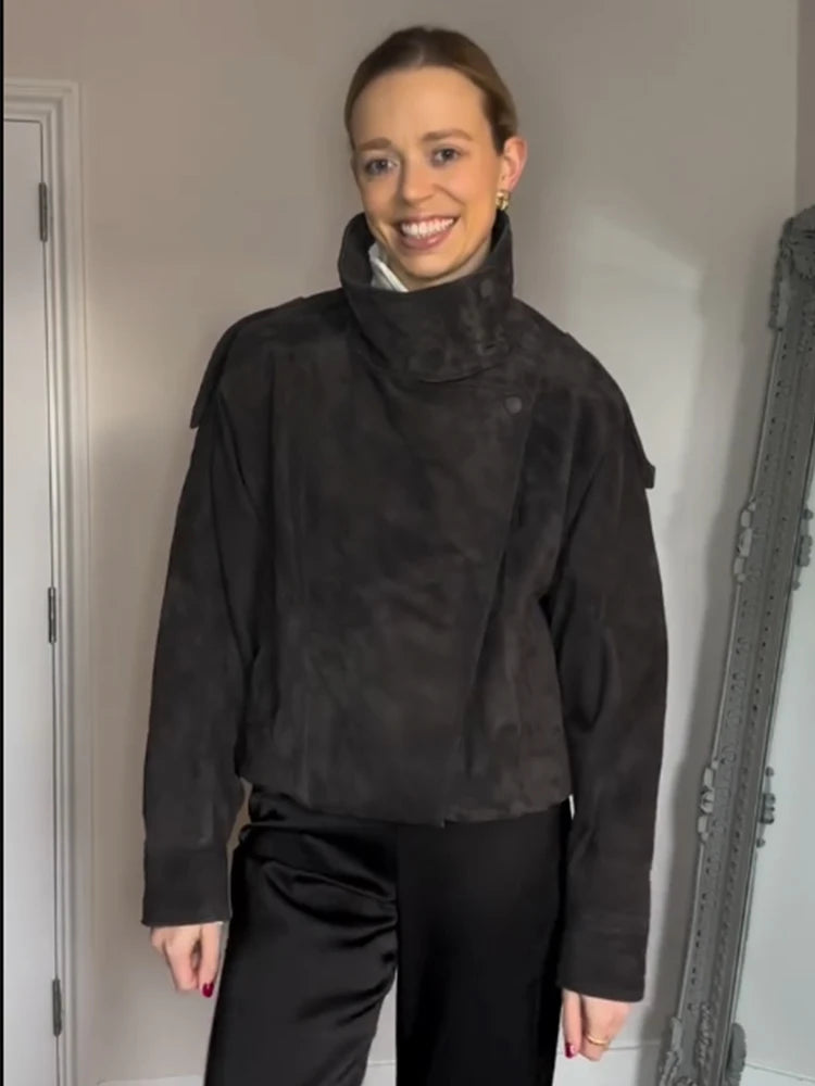 Giacca Effetto Camoscio Donna con Collo Alto e Zip - immagine 2